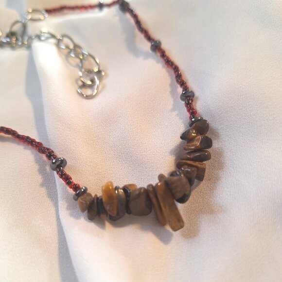 Artisan Made Edgy Beaded Tigers Eye Stone Chip and Hematite Choker Necklace - Picture 2 of 6